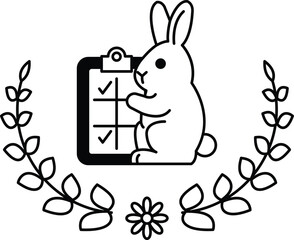 A rabbit is standing in front of a clipboard with a check mark on it