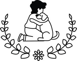 A black and white drawing of a man hugging a dog