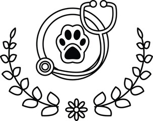 A black and white drawing of a paw and a stethoscope