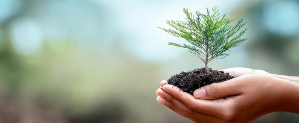 Two hands are holding a small tree growing in fertile soil, symbolizing environmental protection and reforestation