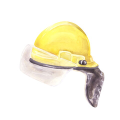 Watercolor firefighter helmet with protective visor and earmuffs