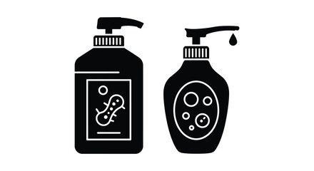 Black and white illustration of two bottles of hand sanitizer or soap silhouette