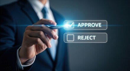 Businessman s hand using stylus to select approve option on futuristic digital interface screen