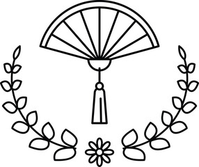 A black and white drawing of a fan with a leafy border