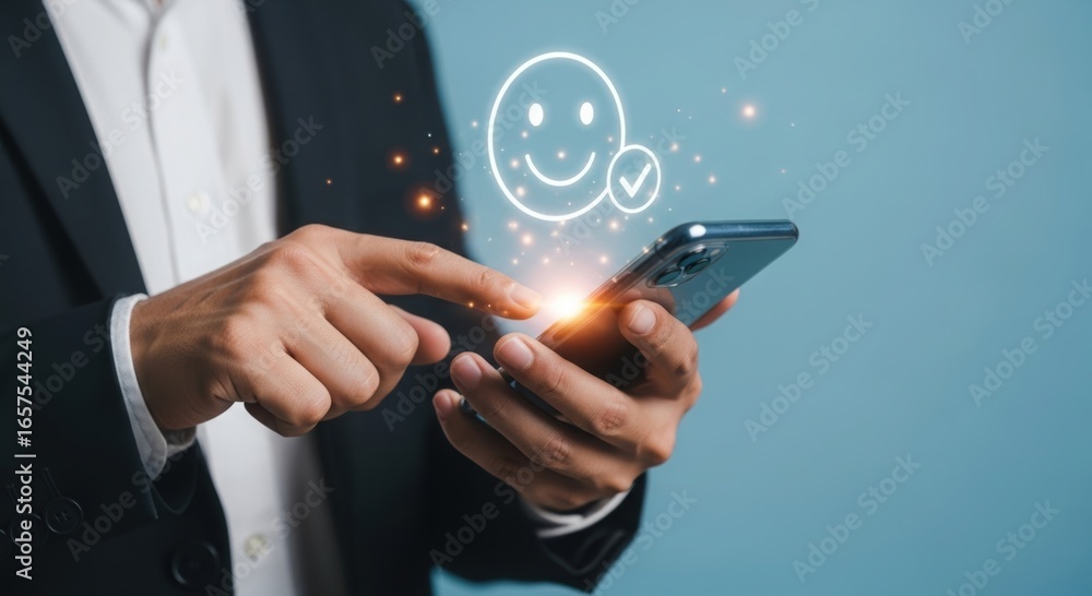 Poster business professional using a smartphone to interact with a positive customer feedback emoji and dig