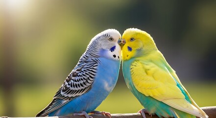 Naklejka premium Two budgerigars sharing a tender moment outdoors on a branch