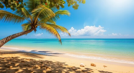Sunny Tropical Beach Paradise With Palm Tree Overlooking Crystal Blue Ocean Water