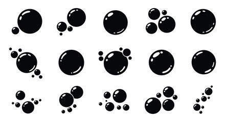 Black bubbles of various sizes on a white background in a vector illustration silhouette