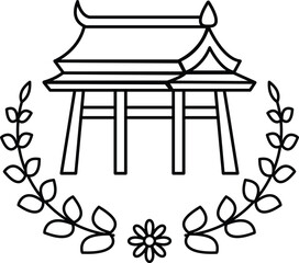 A black and white drawing of a building with a white flower in the middle