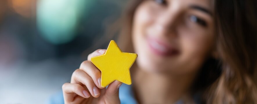 Businesswoman holding a vibrant yellow star, symbolizing a five star rating, while expressing positive feedback and satisfaction