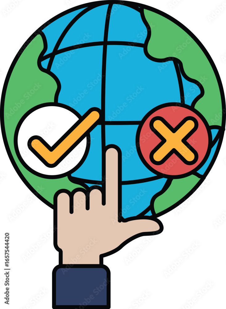 Poster a hand pointing to a globe with a check mark on the left side