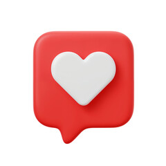 3d render of a red social media like notification icon with a white heart symbol isolated on transparent background