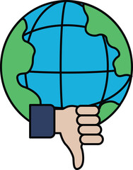 A hand is holding a thumbs down sign in front of a globe
