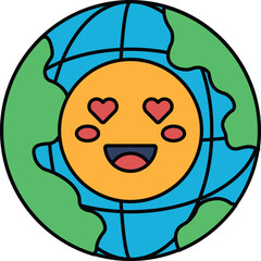 A smiling face with two hearts on it is drawn on a globe