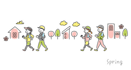 春にウォーキングをする男女のベクターイラスト