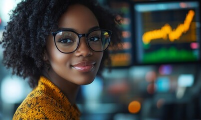 Happy young Black female stock trader analysing crypto and stock market trends. The image highlights diversity in the financial industry and the integration of artificial intelligence, Generative AI