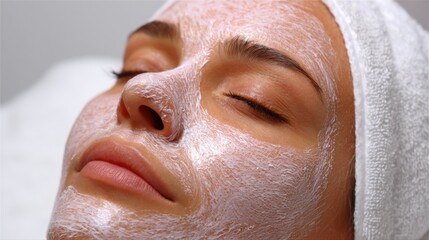 Naklejka premium Close-up of a young woman with clear, glowing skin receiving a facial treatment in a spa setting, wrapped in a towel with a relaxed expression