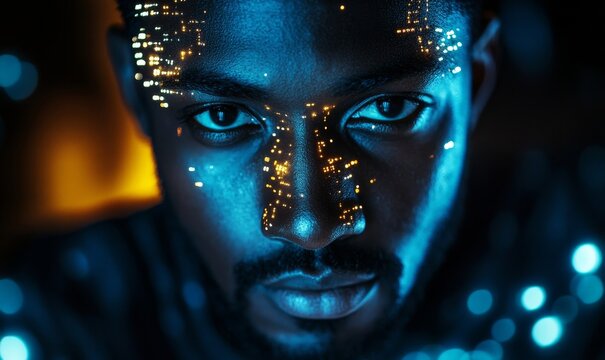 AI cybersecurity concept, with a diverse IT specialist team analysing artificial intelligence-driven online risks to consumer data. The scene features an African male software developer, Generative AI