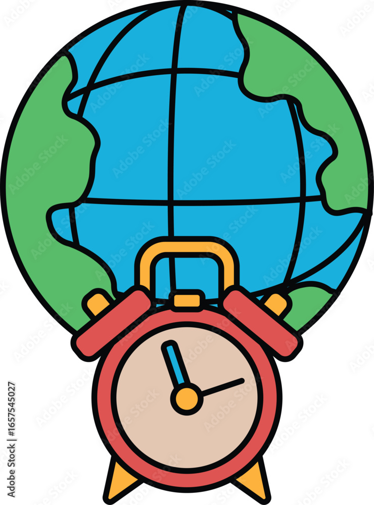 Poster a clock is on a globe with the hands pointing to the number 12