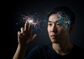 An Asian man touches a glowing neural network connected to his mind, symbolizing future technology and innovation.
