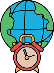A clock is on a globe with the hands pointing to the number 12