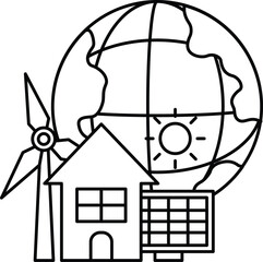 A drawing of a house, a windmill and a globe