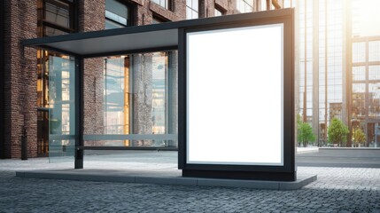 Modern bus stop shelter with illuminated advertising space in an urban city environment.
