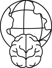 A brain and a globe are drawn in black