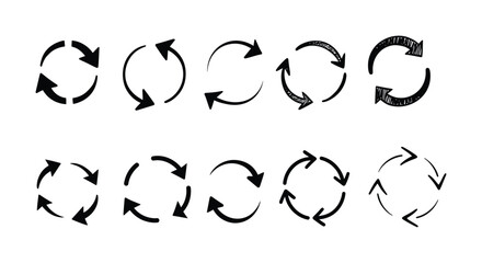 Collection of various circular arrow icons in black and white silhouette