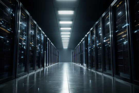 A cloud data center with rows of servers An AI tool is scanning for malware across virtual environments