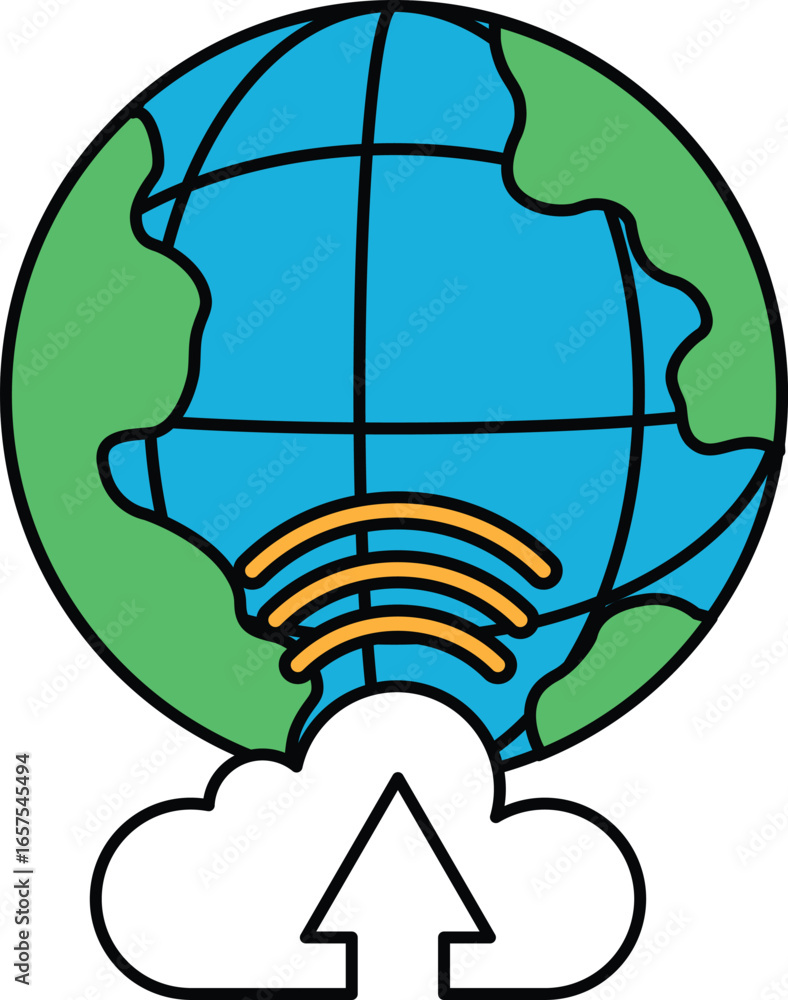 Poster a black and white drawing of a globe with a cloud and an arrow pointing upwards