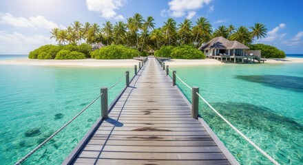 Obraz premium Idyllic Tropical Island Paradise with Wooden Pier and Turquoise Waters