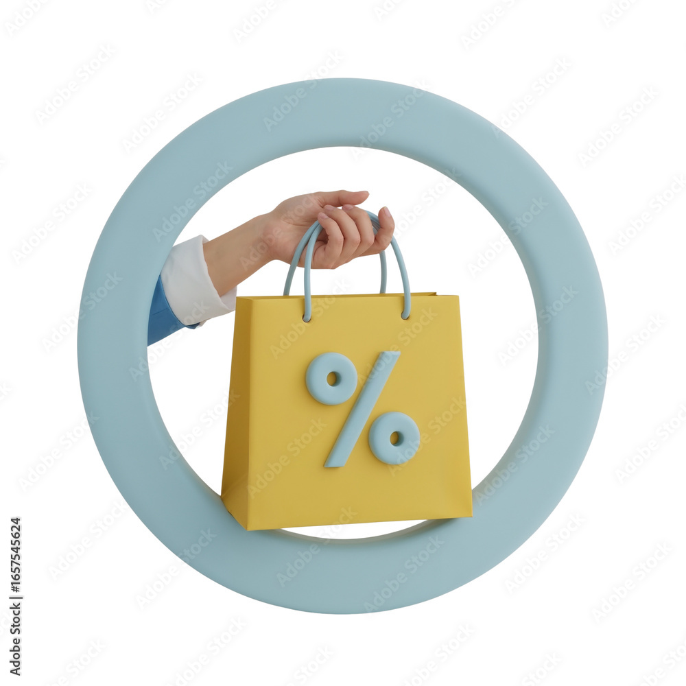 Poster stylized promotion with shopping bag and soft colored circle frame on transparent setting
