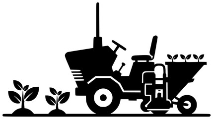 Fototapeta premium Transplanter tool in farm field with agriculture equipment machinery and rural landscape gear