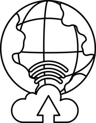 A black and white drawing of a globe with a cloud and an arrow pointing upwards