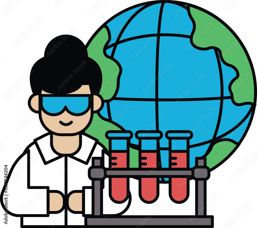 Poster a man in a lab coat is working on a project with a globe in the background