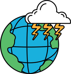 A black and white drawing of a globe with a storm cloud above it