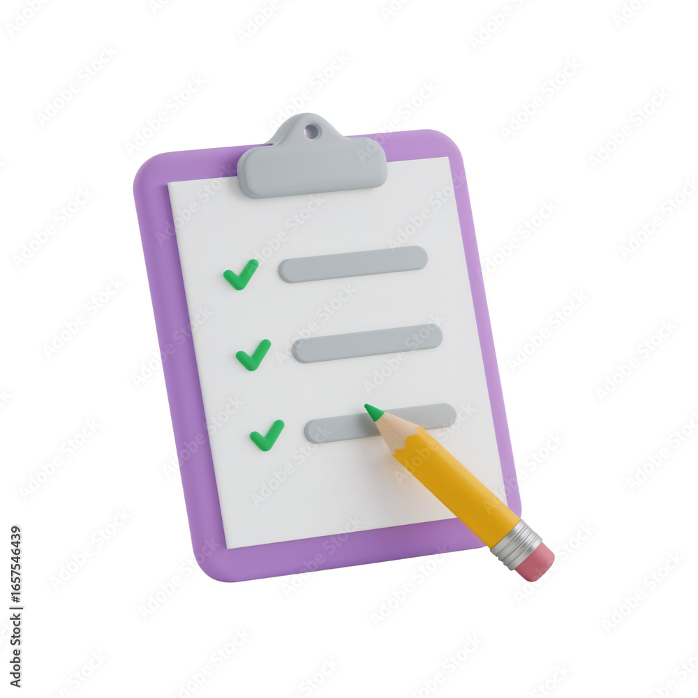 Poster task management with clipboard and pencil representing completed checklist items on isolated space