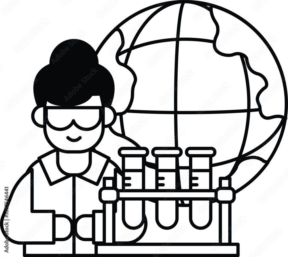 Poster a man in a lab coat is working on a project with a globe in the background