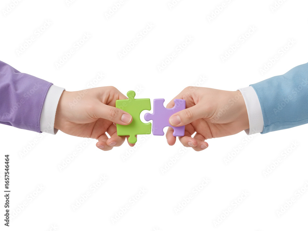 Poster hands connecting colorful jigsaw puzzle pieces emphasizing partnership collaboration resolution on