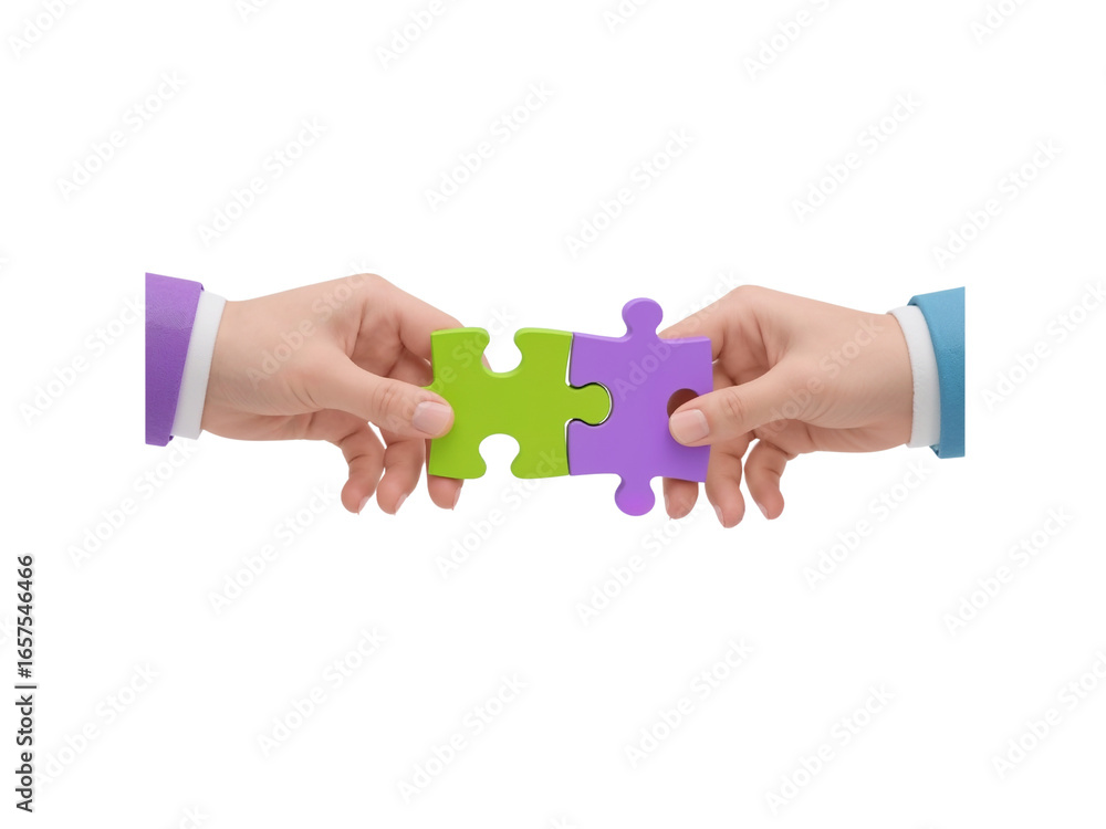 Poster hands assembling colorful puzzle pieces, conveying connection and strategy on transparent background