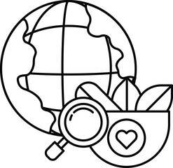 A black and white drawing of a globe with a magnifying glass on it