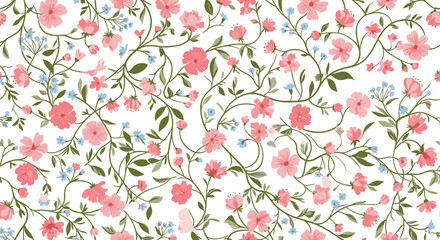 Delicate pink floral pattern with twining green stems and small blue blossoms
