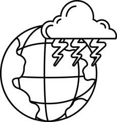 A black and white drawing of a globe with a storm cloud above it