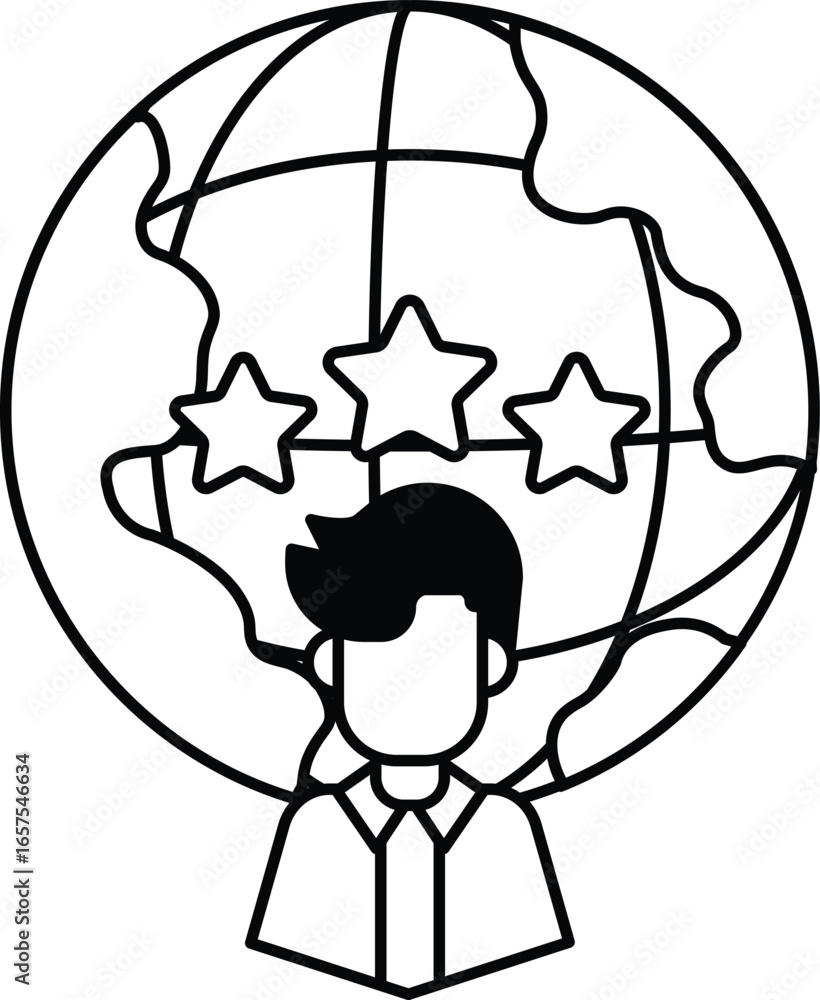 Poster a man is standing in front of a globe with three stars on it