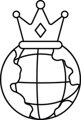 A black and white drawing of a globe with a crown on top
