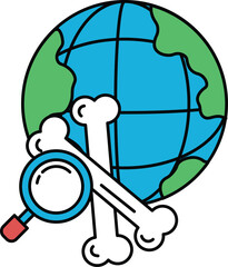 A skull and a magnifying glass are on a globe