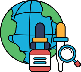 A black and white drawing of a globe with a bottle and a magnifying glass on it