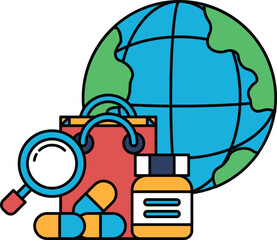 A black and white drawing of a globe with a magnifying glass and a shopping bag