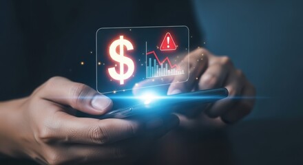 Person holding a smartphone displaying a glowing dollar sign padlock and alert symbol with futuristic light effects